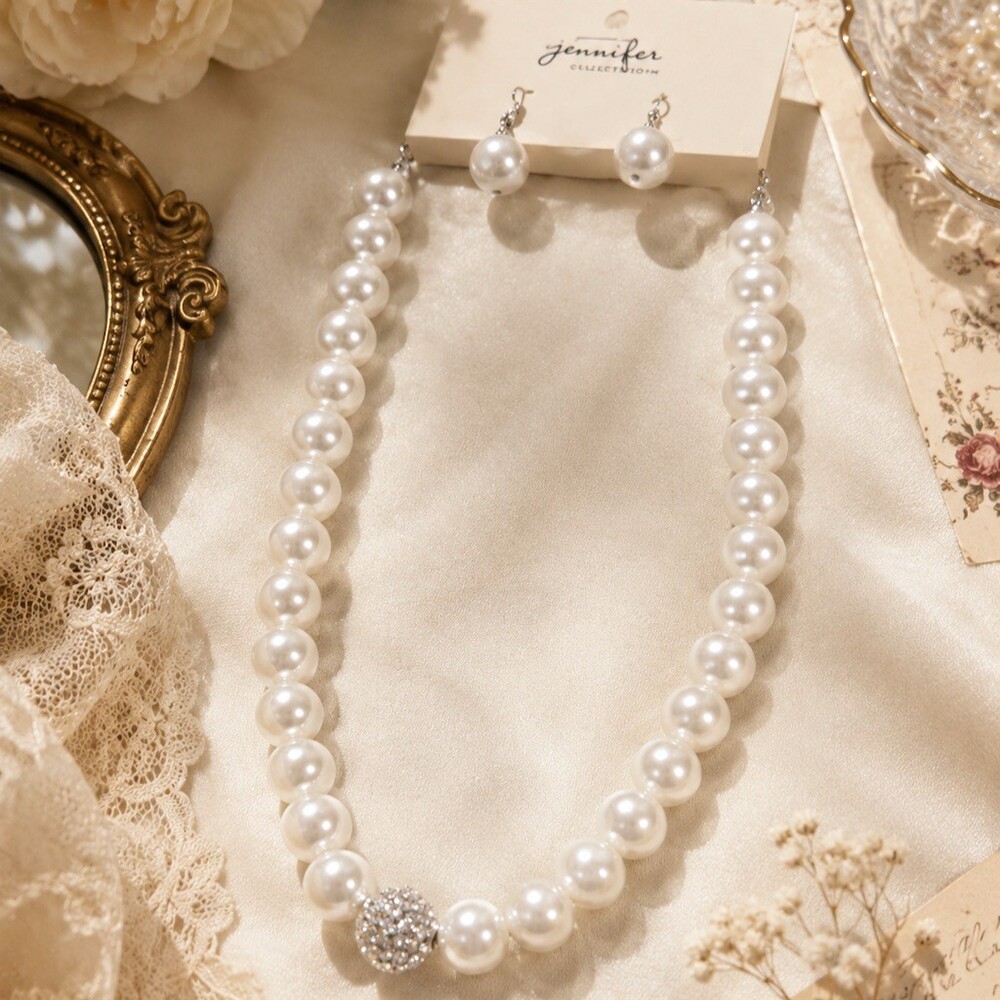 Jennifer Faux Pearl Necklace Earrings Set Ivory Bridal vintage inspired coquette